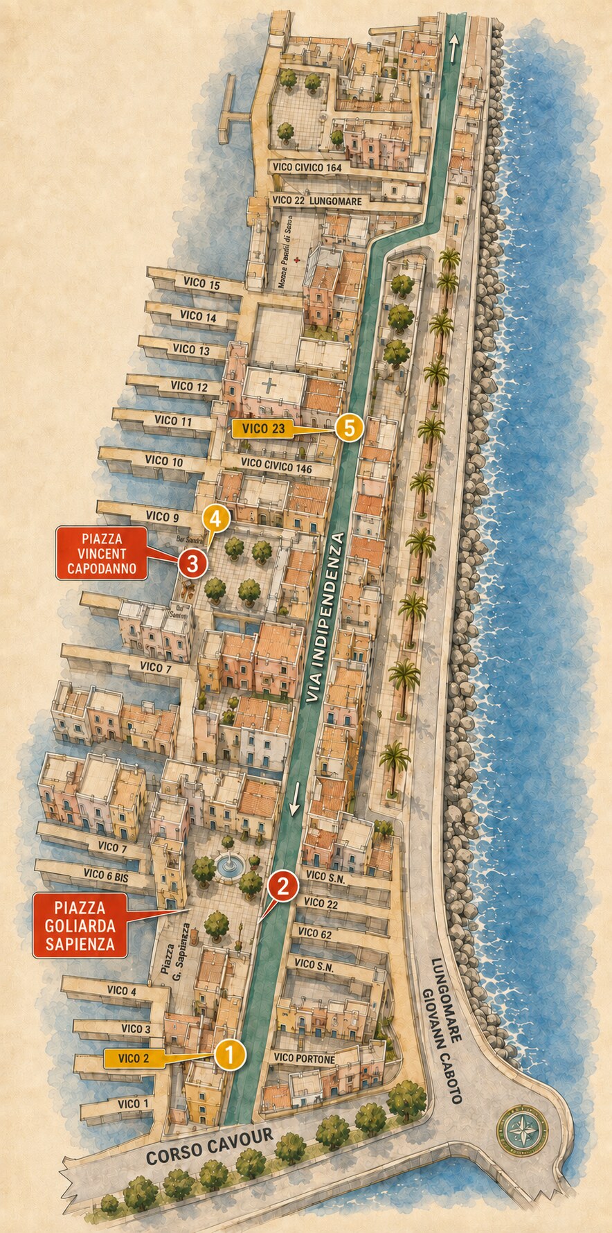 Mappa dettagliata delle cinque postazioni di Gaeta Buskers Festival numerate dall'ingresso di Corso Cavour