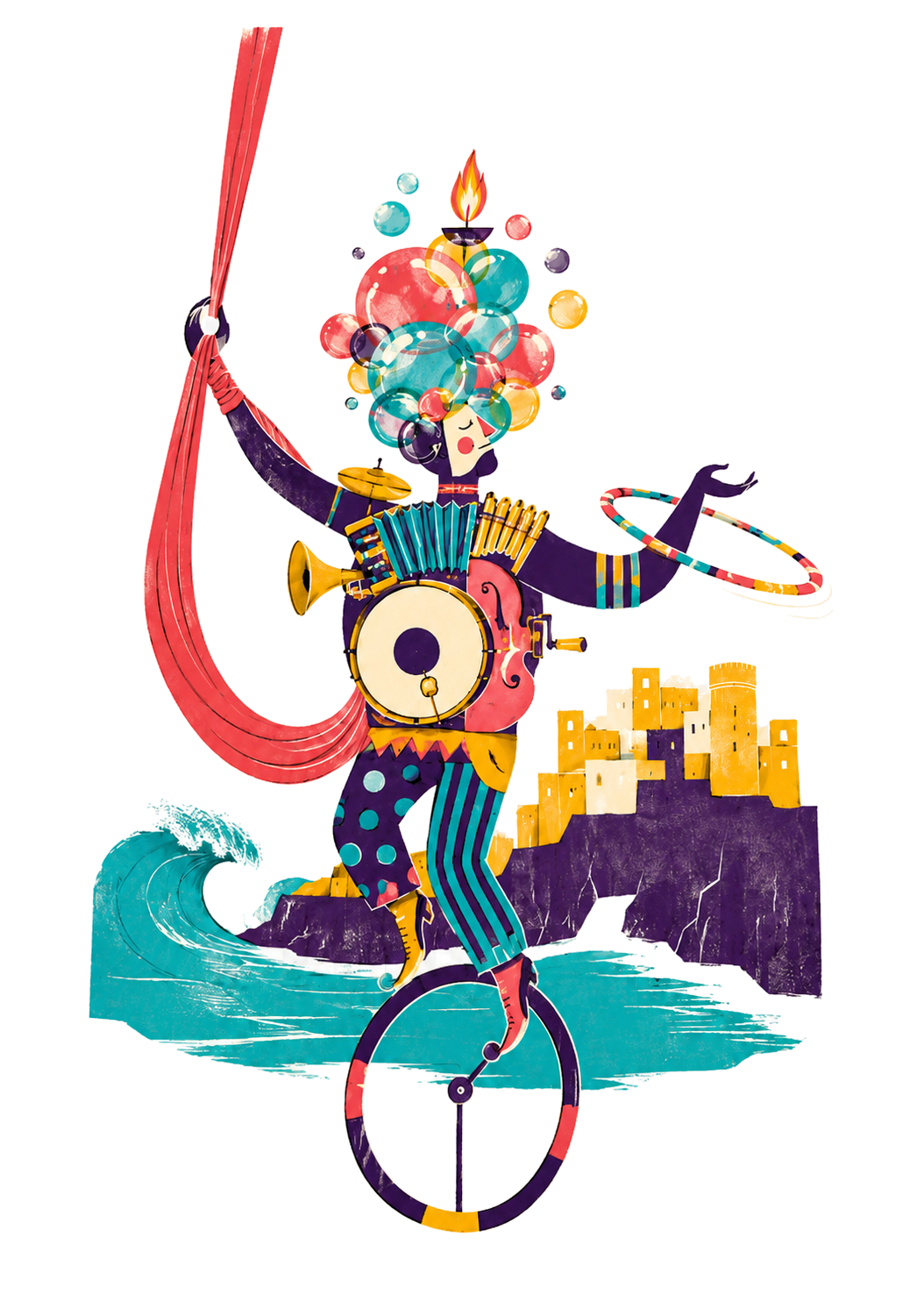 Artista del Gaeta Buskers Festival con il borgo e il mare